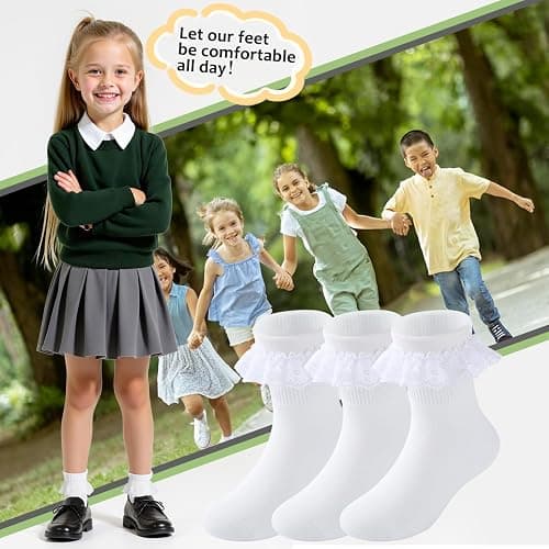 HONGTEYA 6 Pairs Girls White Ruffle Socks School Uniform Dress Socks for Kids Seamless Crew Ankle Cotton Size 2-14 Years thumbnail 6