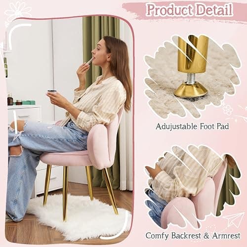 VINGLI Petal Makeup Vanity Chair with Back,Flower Cute Girls Desk Chair Comfy No Wheels,Modern Dining Chair,Small Accent Chair with Adustable Gold Legs&Bow Pillow for Home Office,Bedroom,Velvet,Pink thumbnail 6