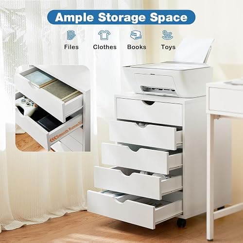 OLIXIS 5 Drawer File Cabinet on Wheels, Printer Stand | Fits Under Desks, Wood Storage Organization Holds Printer, Office Supplies, Not For Hanging Files, For Home Office Use White thumbnail 6