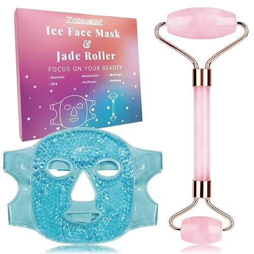 ZNÖCUETÖD Ice Face Roller Facial Jade Roller and Ice Face Mask Cold Cooling Gel Mask Gift Set for Women Face Aging Wrinkles Lifting Firming Puffy Eyes, Eye Face Neck Roller Massager SPA Tools - Blue(face Mask+jade Roller) - Image 1