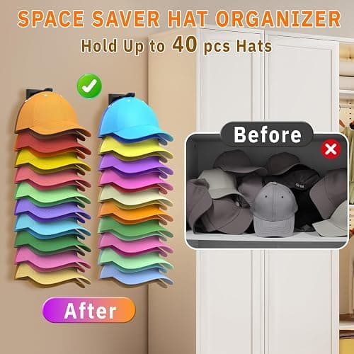 Volnamal Hat Organizer for Baseball Caps, 2 Pack Hold Up to 40 Hats | Hat Rack for Wall Space Saving, Hat Hanger w/Strong Adhesive Hat Storage Holder Display for Closet Door and Wall (Black) thumbnail 5