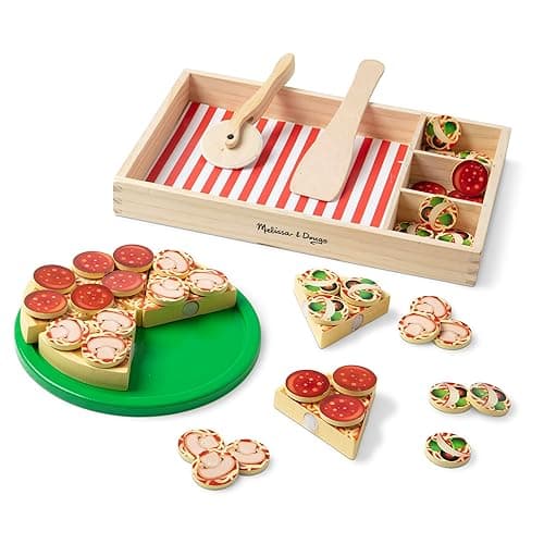 Melissa & Doug Pizza Party Wooden Pretend Play Food Set With 36 Toppings, Preschool Toy Pretend Food, Play Wooden Pizza And Cutter, Toy For Kids Ages 3+