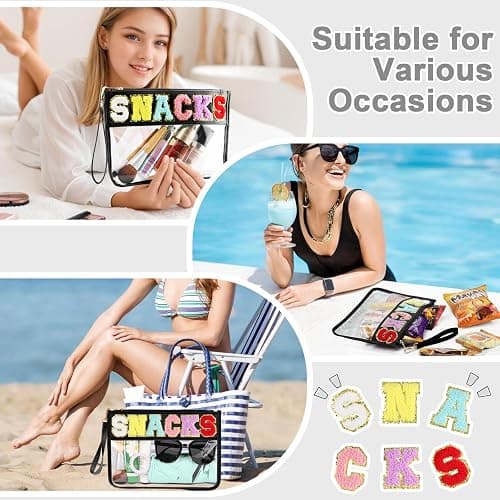 Snack Bag for Travel - Clear Chenille Varsity Letter Flat Pouch with Zipper, 12.2×8.46 inch Waterproof Clear Nylon Preppy Patch Makeup Cosmetic tote Bags for Women Girls thumbnail 6