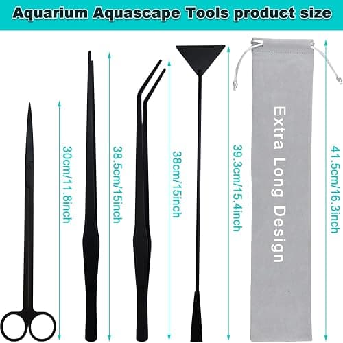 Aquarium Aquascape Tools Kit, Long 15 Inch Stainless Steel Aquatic Plants Tools, 4 in 1 Anti-Rust Black Aquascaping Tweezers Scissors Spatula Scrapers Tool Set for Fish Tank Cleaning Plant Trimming thumbnail 2