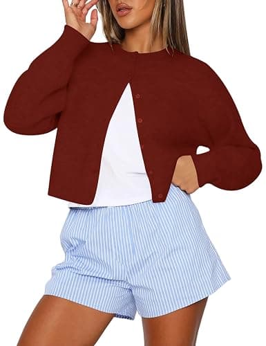 Kistore Womens Cropped Cardigan Sweaters Crew Neck Long Sleeve Button Up Sweaters Lightweight Knit Trendy Sweaters 2025 - Image 1