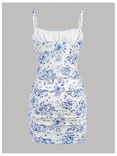 Floerns Girl's Floral Print Spaghetti Strap Bodycon Dress Mesh Ruched Cami Mini Dress thumbnail 2