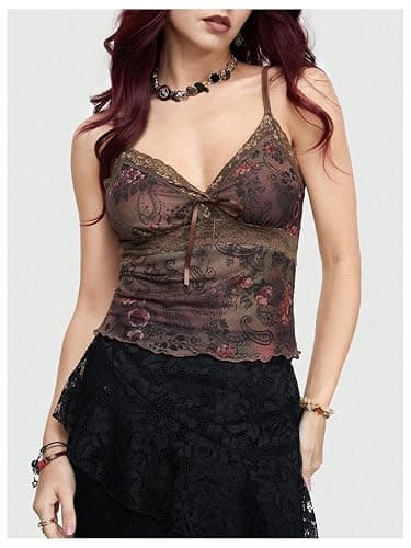 Milumia Women's Boho Lace Cami Crop Tops Y2k Spaghetti Strap Going Out Tank Top Fairycore Clothing thumbnail 5