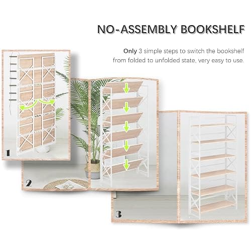4NM Extra Wide 6 Tiers No Assembly Book Shelves, 61.8" H Folding Bookshelf Bookcase Open Industrial Foldable Shelves for Bedroom, Living Room, Home Office - Natural White thumbnail 6