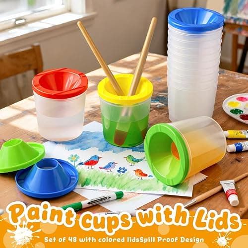 No Spill Paint Cups, 48pcs Paint Cups with Lids for Kids Suitable for Kids Paint, Spill Proof Paint Cups are Ideal for Classroom Art Supplies and Crafts, Durable Paint Cups with Lids(4 Colors) thumbnail 5