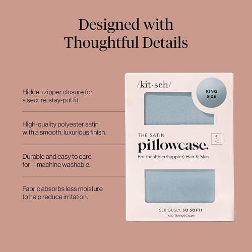 Kitsch Satin Pillowcase, Softer Than Silk Pillow Cases King, Cooling Pillow Covers, Satin Pillowcase with Zipper for Hair, Skin & Quality Sleep, Wrinkle-Free & Smooth, King Size 19"x36", Haze Blue thumbnail 4