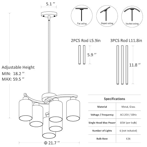 CNRATYE 6-Light Modern Farmhouse Black Chandelier, Contemporary Dining Room Light Fixture, Adjustable Height Hanging Industrial Pendant Lights Kitchen Island, Clear Glass Shade thumbnail 6