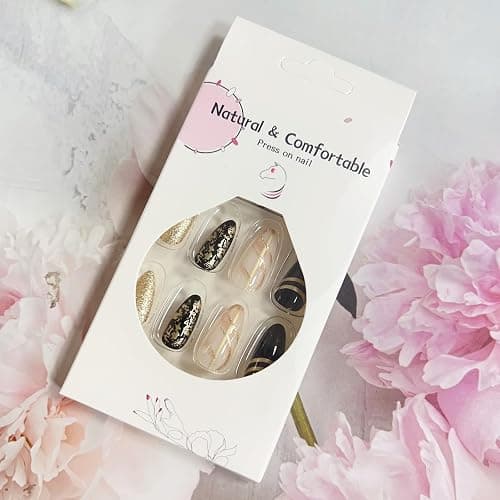 Black Amber Press on Nails Almond Fake Nails Medium Length Gold Foil Glue on Nails with Designs False Nail Tips Exquisite Almond Shape Stick on Nails Medium Artificial Nails for Women 24Pcs thumbnail 7