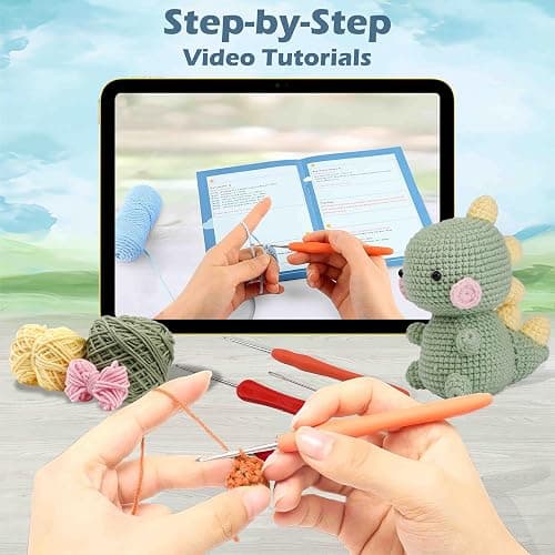 Lucydigla Crochet Kit for Beginners, Crochet Kit Step-by-Step Video Tutorials, Crochet Starter Kit Crochet Kits for Adults Kids Beginners, Crochet Animal Kit with Yarn(Light Green Dinosaur) thumbnail 3