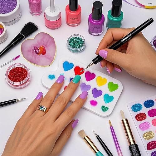 2 Pcs Resin Nail Art Palette, Nail Painting Mixing Tray with Gold Edge, Nail Art Display Board, Nail Polish Holder for Nail Design, Manicure Tools for Nail Artists (E-Heart-Shaped White and Purple) thumbnail 4