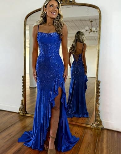 Wchecalino Sparkly Beaded Satin Mermaid Prom Dresses Long 2026 Spaghetti Straps Corset Ruffles Evening Gown with Slit thumbnail 4
