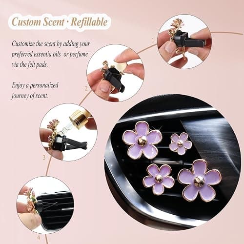ORIESSE Cute Flowers Air Vent Clips Car Air Freshener,4pcs Purple Girly Daisy Flower Car Accessories for Women,Lavender Car Decorations Refillable Clips On Air Freshener thumbnail 7