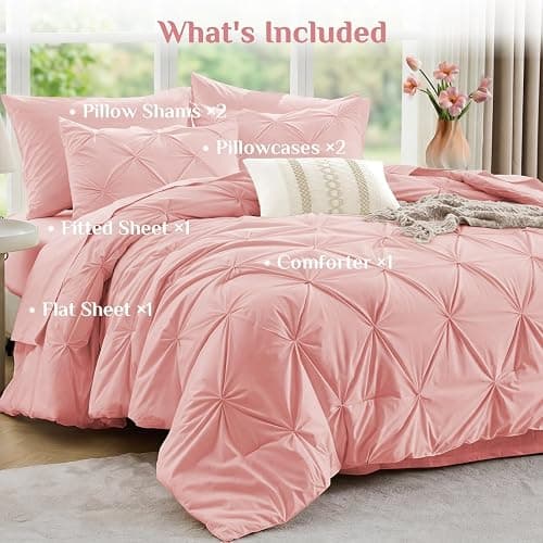 JOLLYVOGUE Queen Comforter Set 7 Pieces - Bed in a Bag Queen for All Season, Pintuck Bedding Comforter Sets with Comforter, Flat Sheet, Fitted Sheet and Pillowcases & Shams, Pink thumbnail 7