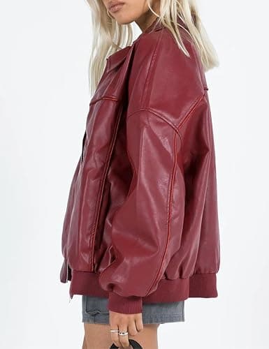 EsheSy Women's Oversized Leather Jacket Faux Suede Boyfriend Motorcycle Full Zip Bomber Jacket thumbnail 3