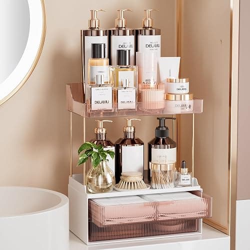 Delamu Bathroom Organizers and Storage, 2 Tier 2 Drawer Makeup Organizer Countertop, Easy to Install, Ideal for Bathroom Counter, Vanity, Ideal for Women Girls, Grapefruit - Image 1