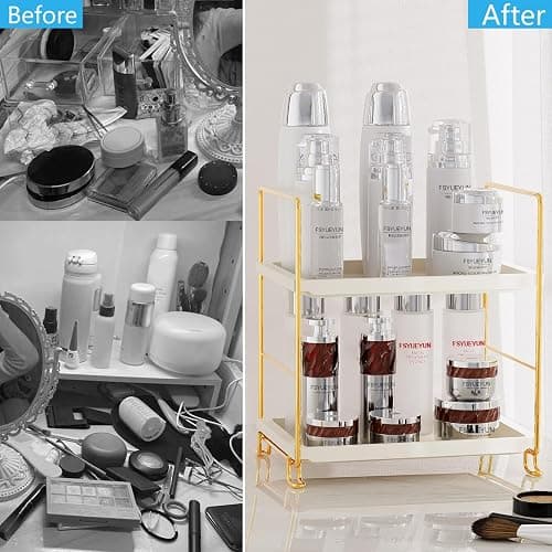 FSyueyun 2-Tier Bathroom Countertop Organizer, Tool-Less Installation Premium Plastics Makeup Shelf Organizer Perfume Skincare for Dresser Vanity Tray Organizers and Storage (Gold) thumbnail 6