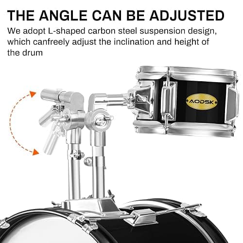 AODSK 5 drums & 3 cymbals 14 Inch Drum Set, Complete Kit w/Throne & Sticks | All Hardware Included, Adjustable Stool, Bass Pedal, Perfect for Young Beginners, Music Class, Holiday Gift, Easy Setup thumbnail 2