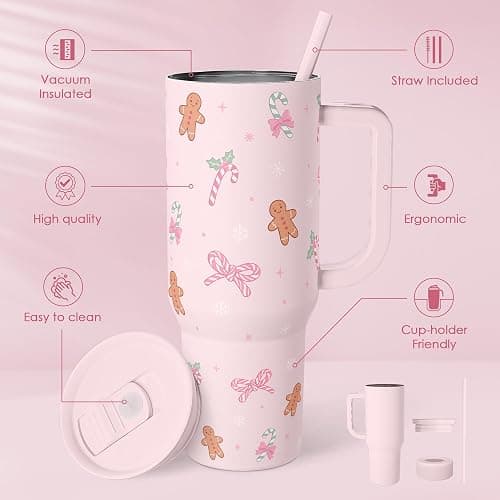 Christmas Theme 40oz Slider Tumbler with Handle and Straw - Insulated Stainless Steel Travel Coffee Mug for Women Girls, Gift for Birthday Xmas thumbnail 3