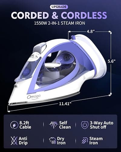 OMAIGA Cordless Iron for Clothes, 1550W 2-In-1 Cordless/Corded Steam Iron Rapid Heating, Ceramic Soleplate, 3-Way Auto-Off, Self-Cleaning, 12.85oz Water Tank Ironing Clothes for Home, Purple thumbnail 2