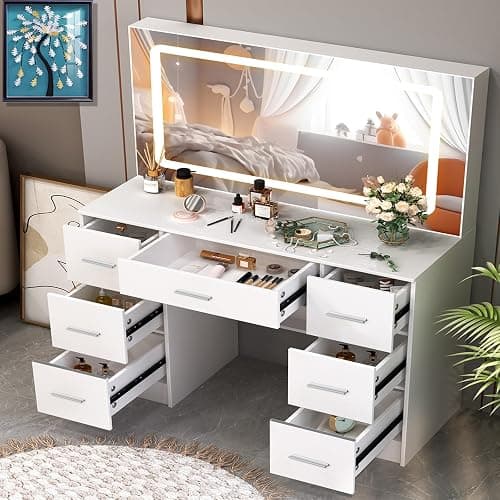 Caulitar 55.1" H White Big LED Vanity Desk with Mirror and Lights,Premium 7 Drawers & Wider Desktop Big Makeup Vanity for Girsl Teens Adults Bedroom - Image 1