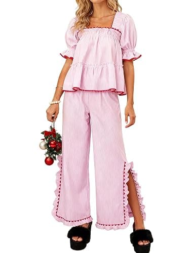 Bocymolay Women Christmas Red Plaid Pajamas Set Gingham Short Sleeve Babydoll Shirt Ruffle Pants 2 Piece Pj Loungewear - Image 1