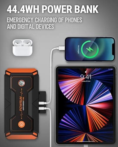 Powrun P-ONE Jump Starter, 2000A Portable Jump Box - Car Jump Starter Battery Pack for up to 8.0L Gas and 6.5L Diesel Engines, 12V Battery Jump Starter with Carry Case (Orange) thumbnail 5