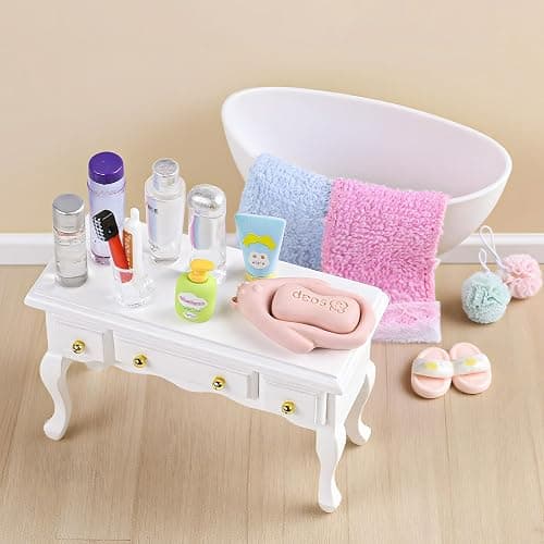76pcs Miniature Dollhouse Accessories,Dollhouse Bathroom Set with Makeup Set Towel Toothbrush Shampoo Toiletries Set,Miniature Stuff Jewelry Storage Case Perfume Shoes Backpack for Girl Micro Scene thumbnail 5