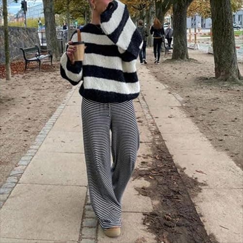 Bosloga Striped Wide Leg Pants for Women - Casual Loose Fit High-Waisted Drawstring Pajama Pants - Straight Trousers thumbnail 4