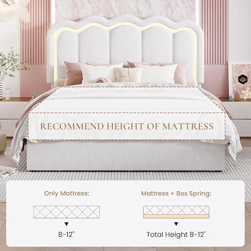 SHA CERLIN Upholstered Queen Size Bed Frame with LED Lights and Large Storage Drawer, Velvet Platform Bed with Adjustable Wavy Headboard, Noise Free, Easy Assembly, No Box Spring Needed, Soft White thumbnail 8