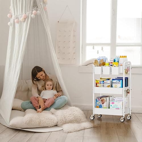 YASONIC Metal 3 Tier Rolling Cart - Heavy Duty Utility Cart with Lockable Wheels, Hanging Cups, Hooks, Mesh Rolling Storage Cart Craft Cart Organizer, Lightweight and Sturdy, White thumbnail 2