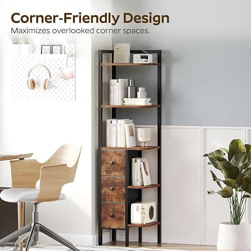 YATINEY Corner Shelf Stand, 5-Tier Corner Bookshelf with 3 Drawers, Industrial Display Shelf for Narrow Spaces, Wooden Small Bookcase, Easy Assembly, Rustic Brown and Black CJ10BR thumbnail 4