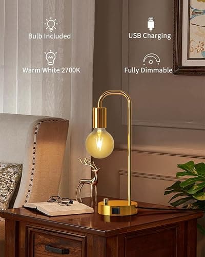 ONEWISH Industrial Table Lamp with 2 USB Port, Stepless Dimmable Nightstand Bedside Lamps for Bedroom,Desk Lamps with 2700K Gold Gradient Bulb for Reading Living Room thumbnail 4