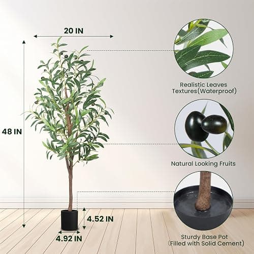 CETRD Artificial Olive Tree, 4FT Tall Faux Olive Trees 48in Outdoor Fake Potted Silk Plant with Trunk and Realistic 436 Leaves and 16 Fruits for Modern Office Home Decor（1pack） thumbnail 5