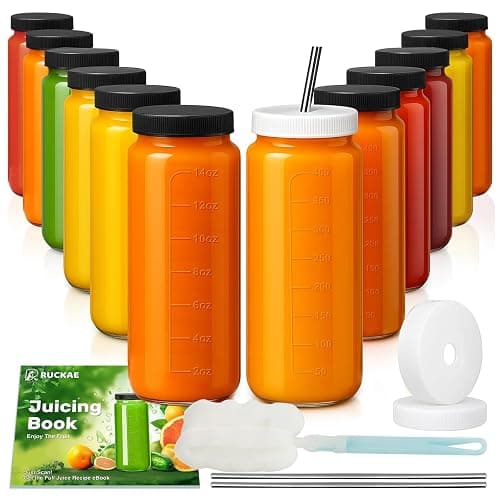 Ruckae 16oz 12 Pack Juice Bottles, Glass Bottles Juicing with Lids, Smoothie Cup Lids and Straws, Water Bottle Mason Jar Drinking Glasses for Juicing, Smoothies, Kombucha - Image 1