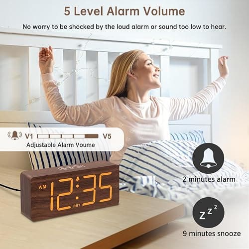 DreamSky Wooden Digital Alarm Clock for Bedroom - Desk Clock with Large Numbers for Living Room Office, Loud Alarm for Heavy Sleepers Adults, Volume Control, Dimmer, DST, Wood Decor (Plug in Clock) thumbnail 4