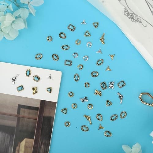 50 PCS Turquoise Nail Charms - 3D Western Nail Charms Vintage Turquoise Gems Stones Art, Retro Metal Gold Silver Cowboy Cowgirl Western Art Stickers Accessories Women DIY thumbnail 5