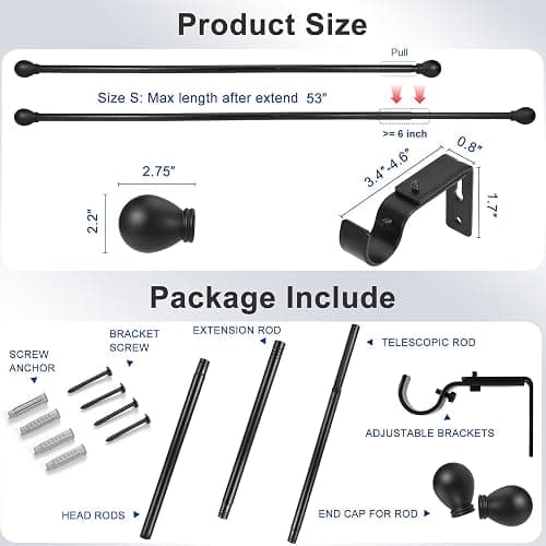 Black Curtain Rods for Windows 24 to 48 Inch, Heavy Duty Decorative Curtain Rods with Matte Black Lamp Style Finials, Adjustable 1" Diameter Metal Drapery Pole Set for Windows(S) thumbnail 2