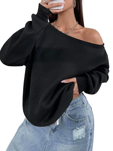 Remidoo Off Shoulder Sweatshirt Drop Shoulder Oversized Long Sleeve - Image 1