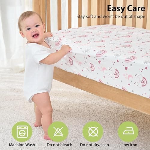 FIEMOL Baby Crib Sheets Girl, 3 Pack Toddler Bed Sheets Fitted for 52”x28” Standard Crib and Toddler Mattresses, Super Soft Microfiber Pink Rainbow thumbnail 7