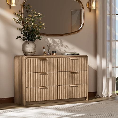 HOTALLOY 47" Wide Fluted 6 Drawer Dresser for Bedroom, Chest of Drawers with Curved Profile Design, Modern Wood Closet Clothes Storage Organizer for Bedroom, Living Room, Hallway, Light Walnut thumbnail 7