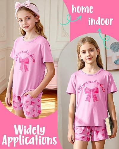 Sylfairy Girls Pajamas Sets Short Sleeve Summer Pjs for Girls Bow Sleepwear Kids Clothes Sets Size 3-16 thumbnail 4