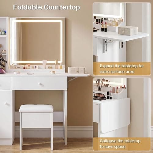 FUXA Vanity Desk with LED Lights Mirror and Charging Station, Makeup Vanity Table with Storage Drawers, Cabinet and Chair, Dressing Table Set for Bedroom, White thumbnail 6