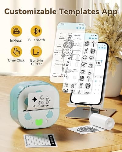 NDYIN Sticker Printer, PrintPods Mini Printer, Bluetooth Portable Sticker Maker with 3 Rolls Paper, Print Pod Inkless Thermal Printers for iphone, Impresora Portátil for Notes, Journal, DIY, Kids Gift thumbnail 3