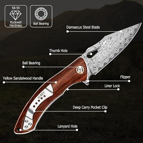 AUBEY Damascus Folding Knife with Clip, Pocket Knife with Wood Handle, EDC Knife for Outdoor Hiking Camping Collection (3.19" Blade) thumbnail 3