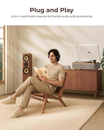QLEARSOUL ONE-S Vinyl Record Player with Bluetooth Input/Output, All-in-One Vintage Turntable Built in Speakers, Phono Preamp & DSP, AT-3600L Cartridge, 33/45 RPM (Walnut) thumbnail 5
