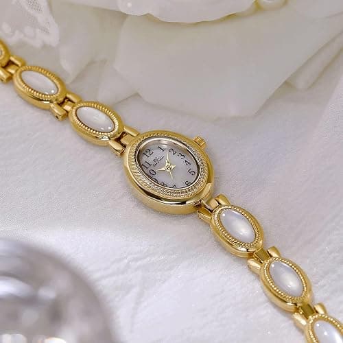 FANMIS Gold Tone Watches for Women with Small Vintage Bracelet Elegant Jade Oval Dial Dress Watch Fashion Quartz Wrist Watch Waterproof Watch thumbnail 7